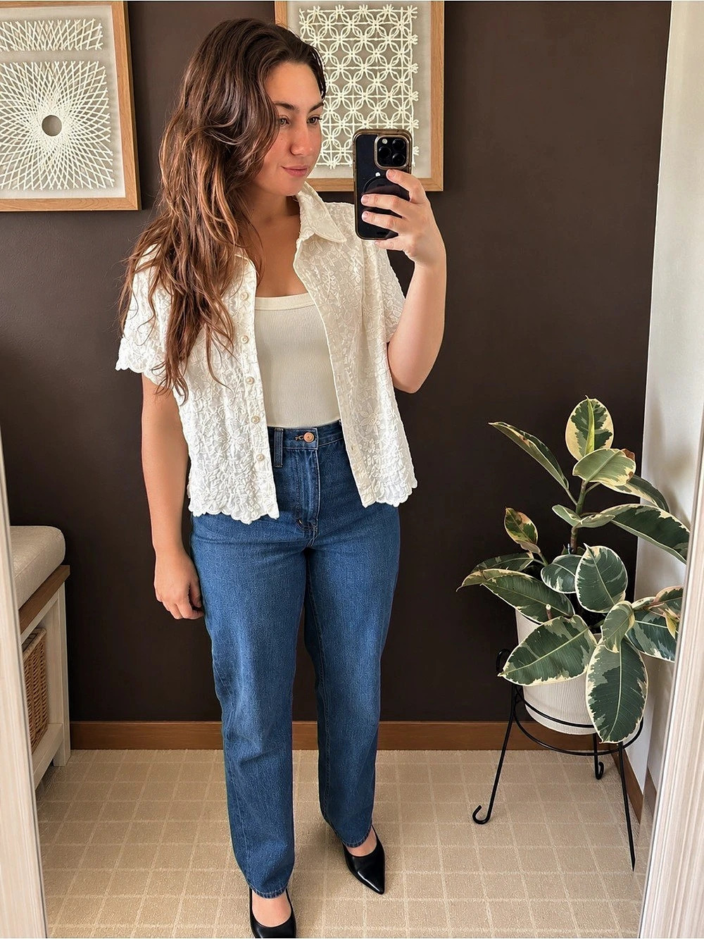 Elle Grey Ivory Floral Embroidered Button-Up Blouse – Size Small NWT